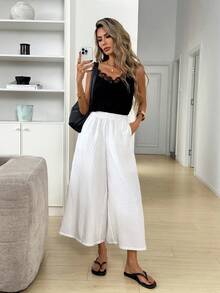 Easowa Women's White Wide Leg Cropped Pants With Pockets, Suitable For Casual, Commute, And Vacation Wear In Spring/Summer - White - View 6