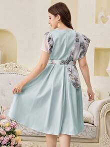 SHEIN Teen Girls' Elegant Floral Print Patchwork Summer Midi Dress Aqua Floral Print Dress - Green - View 5