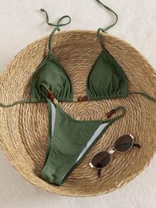 Swim Vcay Spring Break Summer Beach Solid Color Irregular Beaded Decor Halter Neck Tie Sexy Bikini 2-Piece Set - Green - View 1