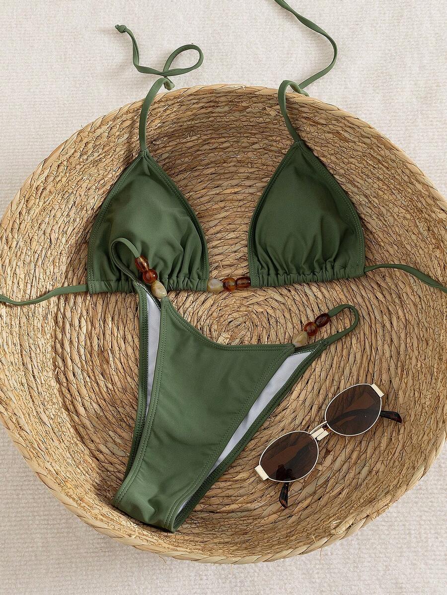Swim Vcay Spring Break Summer Beach Solid Color Irregular Beaded Decor Halter Neck Tie Sexy Bikini 2-Piece Set - Green - View 1