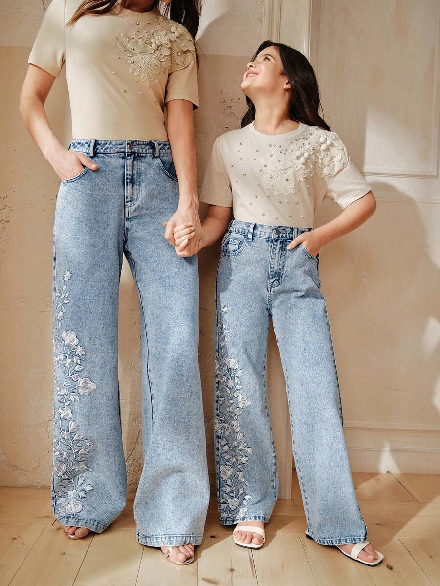 Anewsta Jeans rectos de mezclilla azul con bordado floral elegante y casual para niñas en primavera/verano - Azul - Ver 1