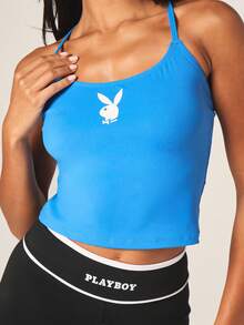 Missguided x Playboy Scoop Neck Cross Over Strap Tank Top With Bunny Logo Summer Athletic Sleeveless Top Blue Ribbed Knit Cropped Fit - Blue - View 2