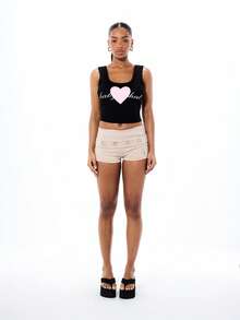 BABYPHAT Quần short cạp cao ôm sát, có khoen kim loại, chi tiết gập cạp, màu be, kiểu dáng quần short ngắn, thích hợp cho mùa hè, lễ hội hoặc các dịp đặc biệt. - Màu be - Xem 3