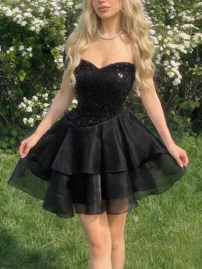 SHEIN MOD Women's Black Sequin Off-Shoulder Dress With Organza Double-Layered Tiered Skirt – Sparkling Dress For Valentine's Day, Birthday, Elegant Occasion, Wedding Guest, Cruise, Date Night, Picnic, Party, Prom, Festival, And Birthday.Black Off Shoulder Mini Dress Layered Mesh Skirt Sequined Bodice Elegant A Line Artistic Glamorous Textured Fabric Flowy Sheer Overlay Graceful Sweetheart Neckline Flattering Silhouette Sparkling Details Chic Soft Touch Romantic Feminine Classic Design,Summer Holiday Outfits, Vacation Outfits , Carnival Costume , Valentines Day Outfit  , Valentine Outfits For Women , Summer Outfits , Spring Break Outfits