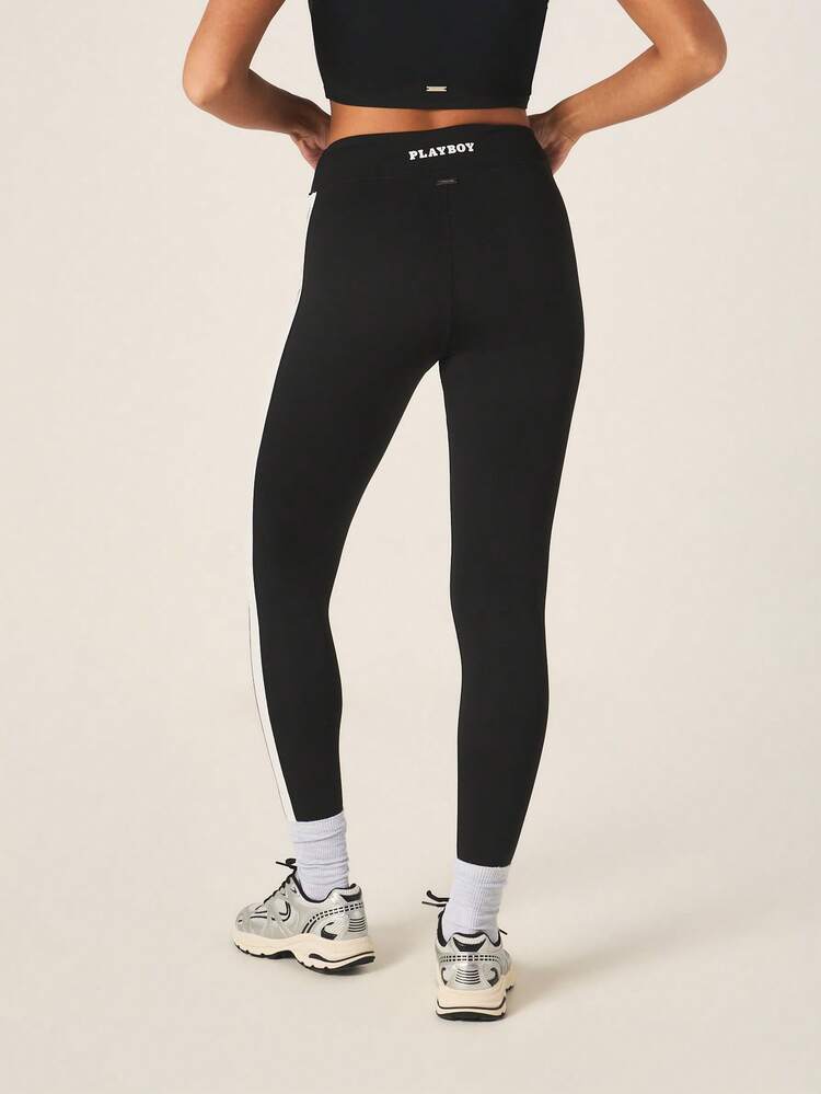 Missguided x Playboy Women's High-Waisted Athletic Side Stripe Leggings With Logo Print Black White Sporty Exercise Pants