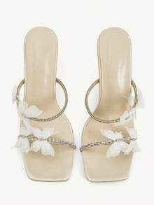 CUCCOO CHICEST Women's Elegant Butterfly Decor High Heel Slide Sandals Wedding Shoes Spring Shoes Bride Shoes - Apricot - View 3