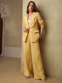 MOTF PREMIUM 女士100%亚麻长袖西装外套，休闲约会装，春夏款 - 黃色 - 查看 6
