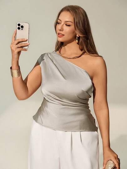 Auralis Plus Size Women Solid Color Pleated Casual Versatile Daily Wear Blouse