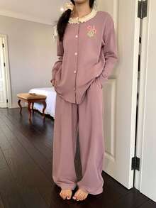 DAZY 2pcs Women's Contrast Trim Floral Print Cardigan & Elastic Waist Loose Pants Pajama Set, Spring - Pink - View 5