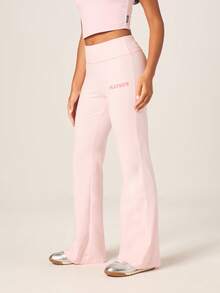 Missguided x Playboy Women's High Rise Flared Leggings With Cover Stitch Detail Pink Soft Stretchy Wide Leg Palazzo Style Casual Everyday Loungewear - Pink - View 1