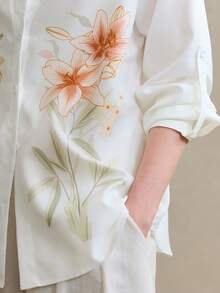 Arave Women's Lily Floral Print Blouse,Orange And White Elegant Long Sleeve Lapel Collar Loose Fit Top,Retro Country Style Autumn Tea Party Casual Shirt - White - View 4