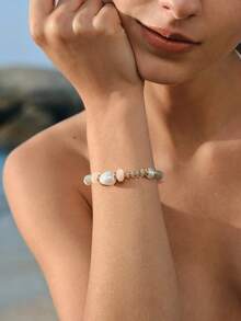 Opalesca 18K Gold Plated Irregular Pearl Beaded Ocean Wind Bracelet - Blue - View 3