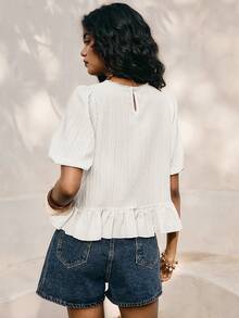 Poéselle White Round Neck Casual Versatile Puff Short Sleeve Top, Lace Hollow Out Summer Top, Lightweight Casual French-Style Top - White - View 3