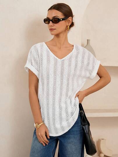 Lymera 春夏时尚简约休闲白色针织纹理V领插肩短袖T恤