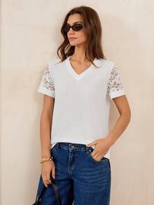 Lymera Spring/Summer Fashion Elegant Commuting Versatile White Knit Textured V-Neck Short Sleeve Lace Splice T-Shirt - White - View 3