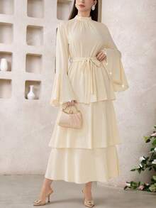 Veilorie 女士纯色立领喇叭袖褶裥优雅阿拉伯连衣裙 - 黃色 - 查看 2