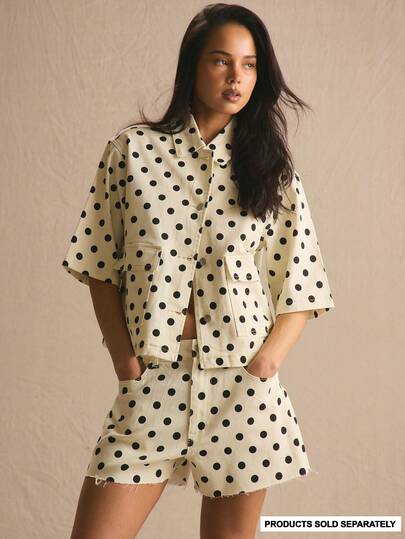 MUSERA Polka Dot Denim Oversized Co-Ord Top Only Spring Summer Cosy Cute Daily Girly Vacation Sunlight Social