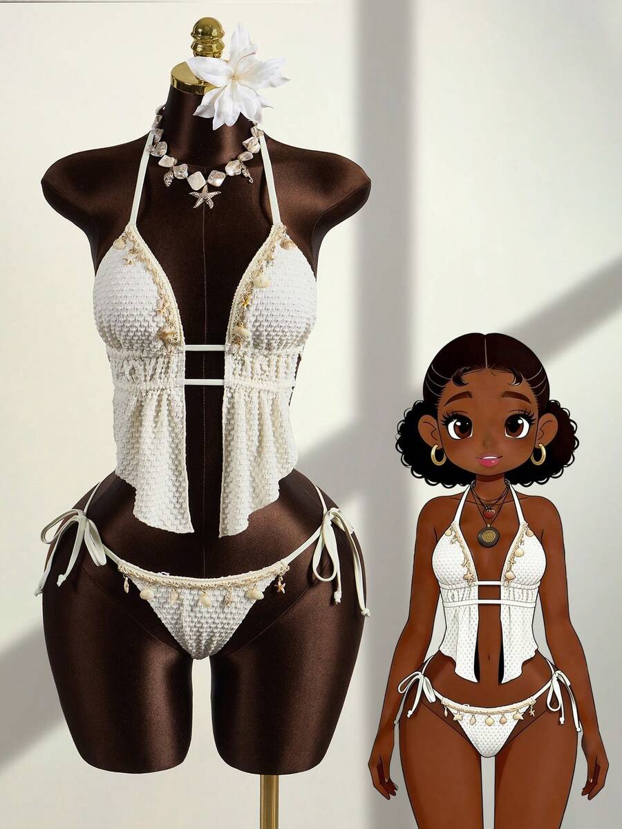 Zestiva Bộ bikini hai mảnh dành cho nữ, chất liệu vải có họa tiết, kiểu cổ yếm và thắt eo, thích hợp cho các buổi tiệc bãi biển hoặc kỳ nghỉ. - Màu be - Xem 1