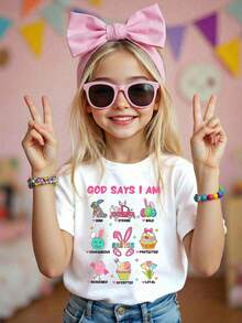 Camiseta de manga corta de cuello redondo y hombros caídos informal para niñas, verano - Blanco - Ver 1