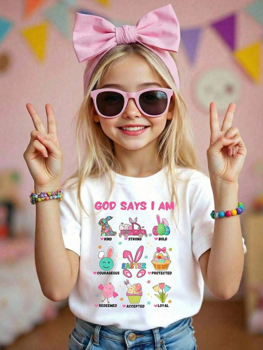 Camiseta de manga corta de cuello redondo y hombros caídos informal para niñas, verano - Blanco - Ver 1