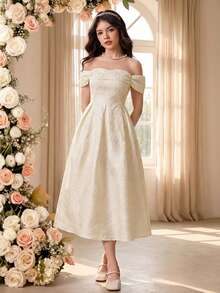 SHEIN Pitira Vestido elegante de hombros descubiertos de jacquard en color albaricoque para adolescentes - Albaricoque - Ver 7