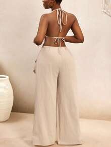 BamGleam 100% Cotton Bohemian Vacation Style V-Neck Halter Tie Shoulder Backless Ruched Asymmetric Hem Flowy Top Paired With Elastic Waist Wide Leg Loose Draping Casual Outfit For Beach, Date, Daily Wear - Apricot - View 2