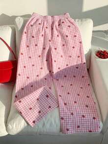 Comfortcana Light Pink Plaid Strawberry Embroidered Woven Women's Pants - Baby Pink - View 2