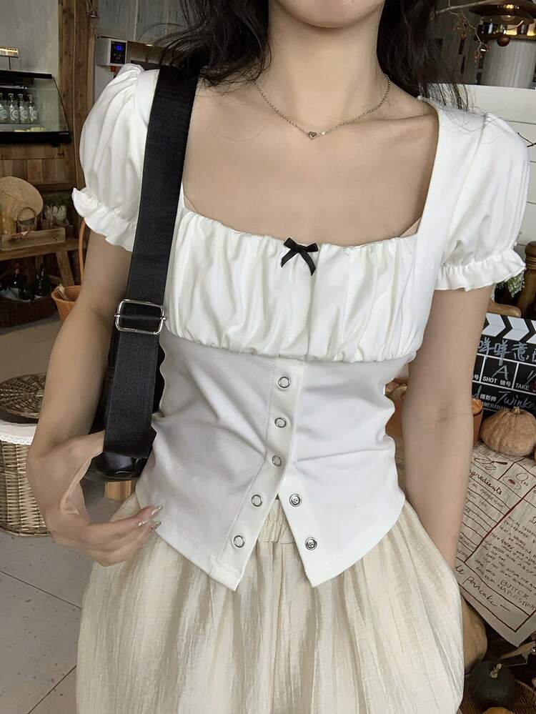 Women's Square Neck Korean Style Short Sleeve Bow T-Shirt