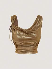 Olithes Mujeres Elegante Top fruncido sin mangas y de unicolor metálico - Dorado - Ver 1