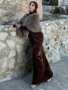 Bearsaez 女士冬季仿狐狸毛仿毛领优雅 Melorad 披肩，适合作为新年服装 - 駝色 - 查看 6