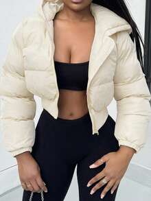 Alexandranx Casual Solid Color Hooded Cropped Winter Jacket ,Petite Women - Beige - View 4
