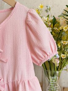 SHEIN LMoss Kids 少女休闲纯色圆领短袖套头衫 - 淺粉色 - 查看 6