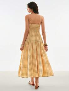 Poéselle Women's Boho Multicolor Plaid Flared Cami Dress,Spaghetti Strap Zipper Woven Picnic Sun Dresses For Woman,Beige,Summer,Holiday,Vacation,Holiday - Multicolor - View 8