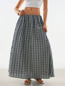 Poéselle Women's Plaid Loose Fit Fashionable Versatile Long Skirt, Summer - Blue - View 8