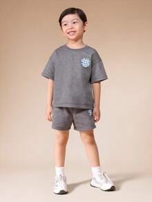 SUMWON Boys Graphic Print Crew Neck T-Shirt And Matching Shorts Coordinated Set With Printed Design Details Casual Vacation - Brown - View 2