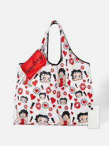 Betty Boop x SHEIN Fashion College Badge Pattern Waterproof Large Capacity Tote Bag - Red on white background - View 5