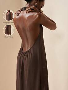 Zivah 2026 Women's Elegant Vacation Casual Beach Sheer V-Neck Long Dress Swimsuit Cover Up - Brown - View 1