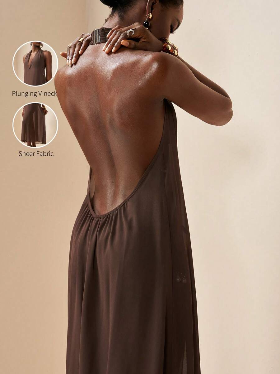 Zivah 2026 Women's Elegant Vacation Casual Beach Sheer V-Neck Long Dress Swimsuit Cover Up - Brown - View 1