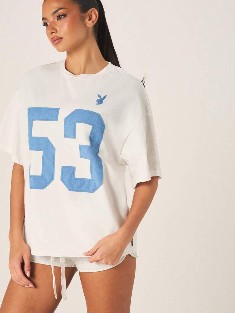 Missguided x Playboy 女性用オーバーサイズグラフィック53アップリケTシャツ、ブループリント、半袖クルーネック、カジュアルコットンティー
