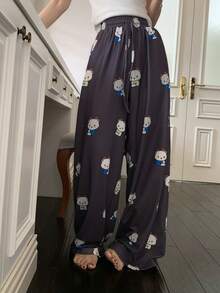 DAZY Cartoon Bear All-Over Print Loose Women's Pajama Bottoms - Black - View 8