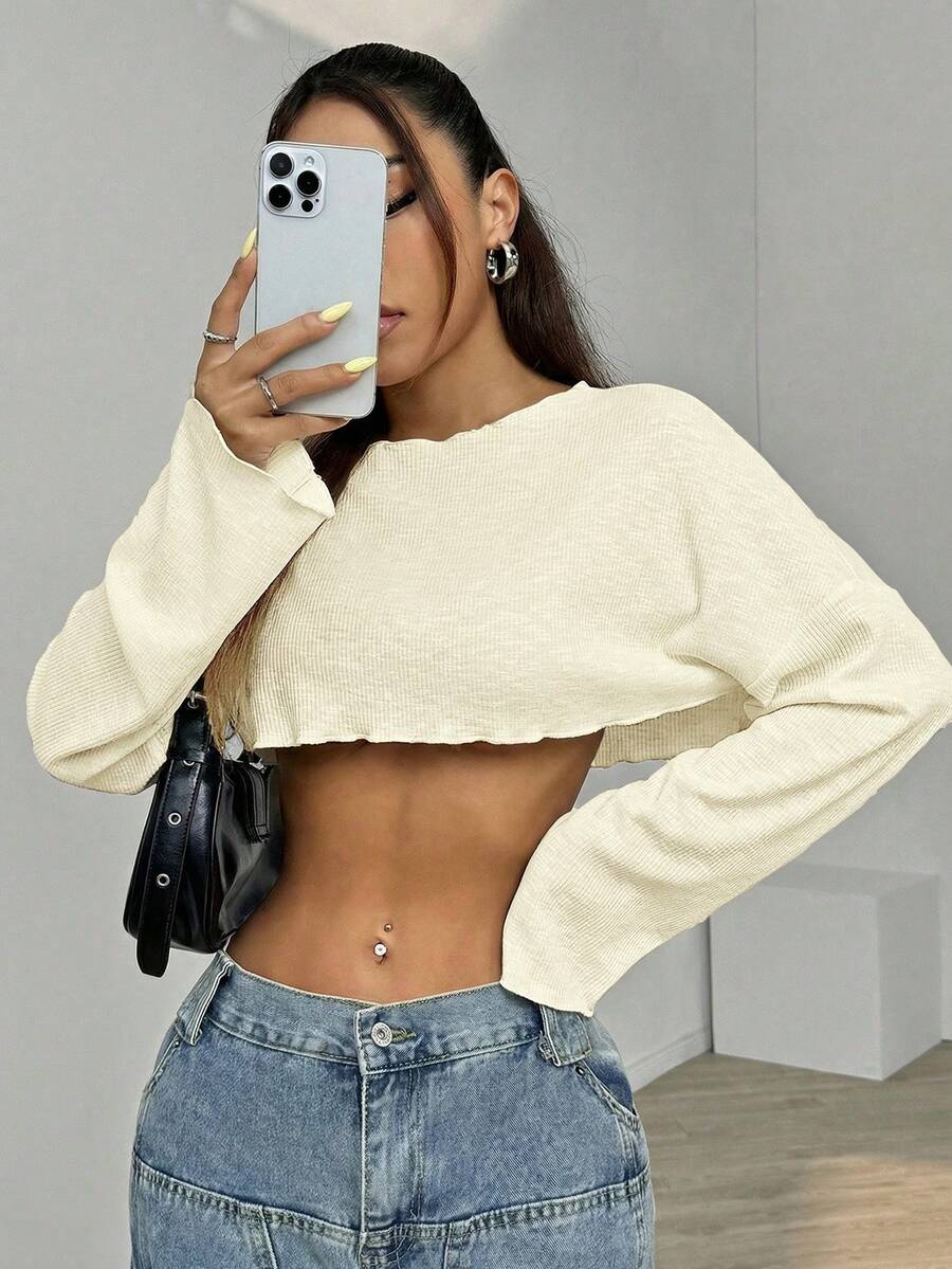SHEIN EZwear 奶油黄性感竹纤维针织轻薄短袖防晒T恤,适合春夏穿着 - 米色 - 查看 1