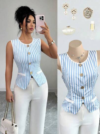 SHEIN Elenzya Botones decorativos de metal de color contrastante a rayas azules y blancas para chalecos de moda