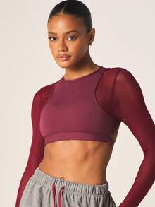 MISSGUIDED Double Layered Open Back Sports Bra With Long Sleeves Burgundy Active Wear Training Top - Burgundy - View 4