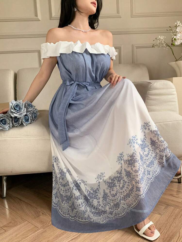 Spring & Summer Off-Shoulder Spaghetti Strap Midi Dress, Blue Tie-Dye Ombre Ocean Print With White Floral Lace Patchwork, Floral Botanical All-Over Print, Elegant For Valentine's Day, Wedding, Party, Formal Occasion Sundress