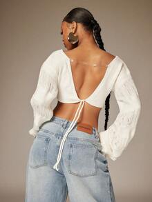 Denimoi Áo croptop tay chuông tua rua, trang phục dự lễ hội, trang phục đi xem hòa nhạc, trang phục đi nghỉ mát, áo gợi cảm. - Màu be - Xem 4