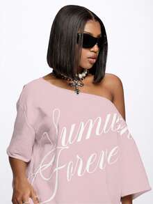 SUMWON WOMEN Women Off Shoulder Sweater Mini Dress With Summer Forever Script Print Casual Date Night Outfit - Baby Pink - View 3