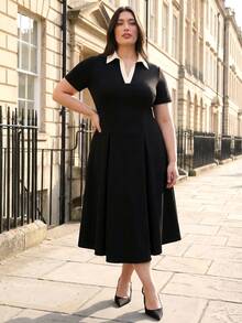 ELLERISSA 大码女士时尚职业装连衣裙，撞色领中长连衣裙，秋冬季短袖柔软纯色修身连衣裙，适合派对、办公室、鸡尾酒会等场合，也适合日常外出和聚会，商务休闲女士优雅晚礼服 - 藍色 - 查看 3