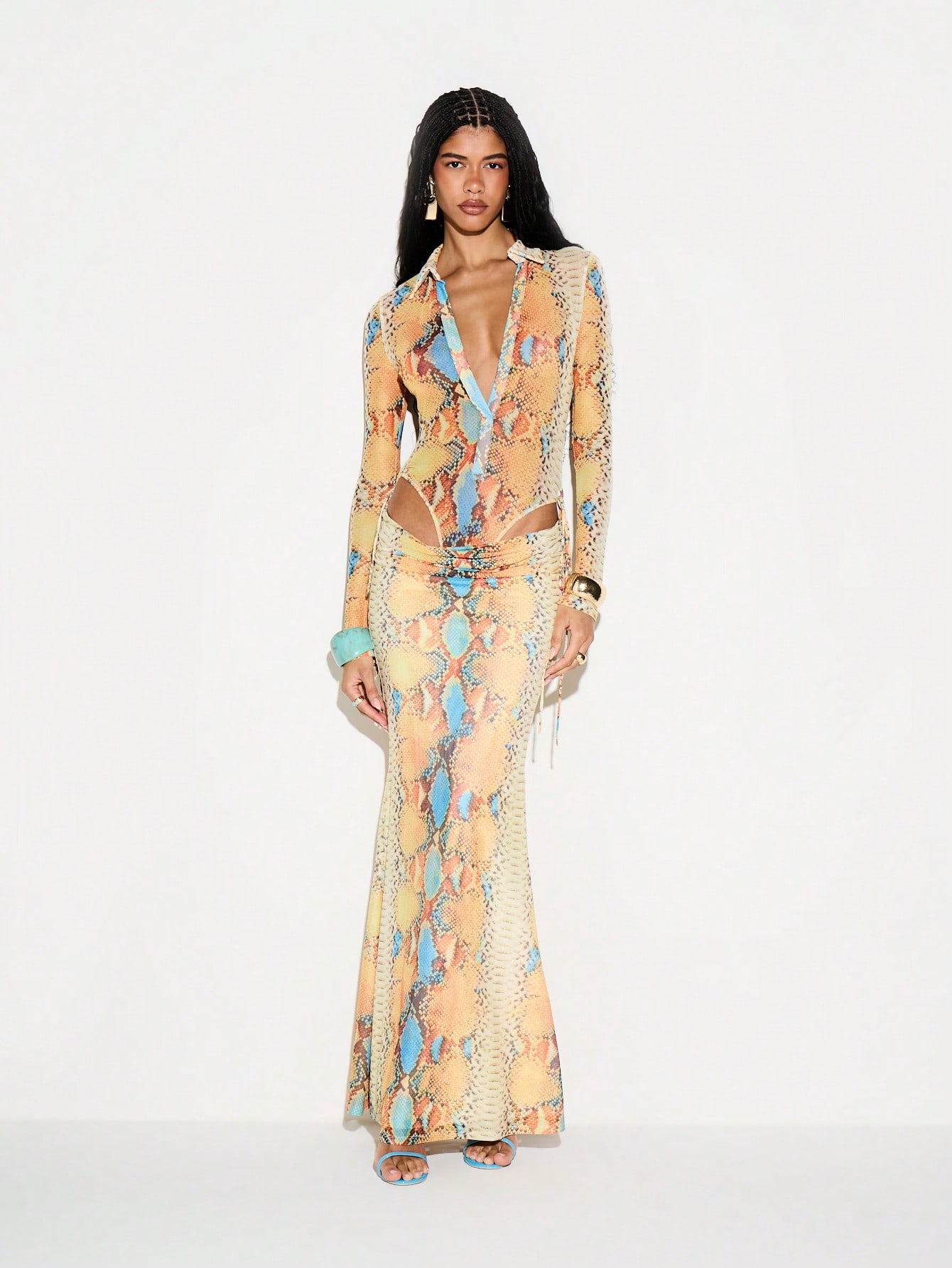KIZN Snake Print Mesh Maxi Skirt With Ties