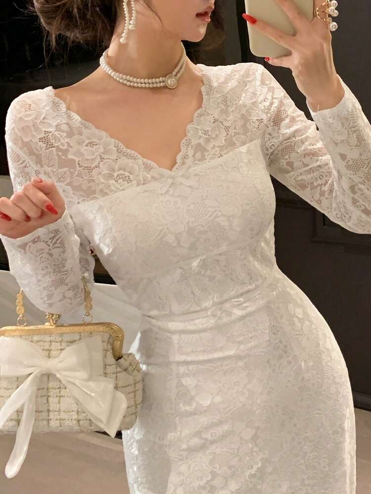 Women's Floral Lace Patchwork V-Neck Long Sleeve Jacquard Elegant Dress