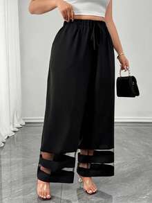 SHEIN Elenzya 大码弹力腰带网眼拼接夏季休闲裤 - 黑色 - 查看 3
